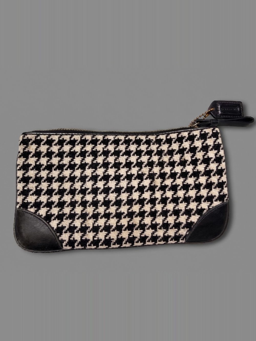 Coach Hamptons Houndstooth Wool Wristlet Clutch Bag Black Leather Y2K Vintage